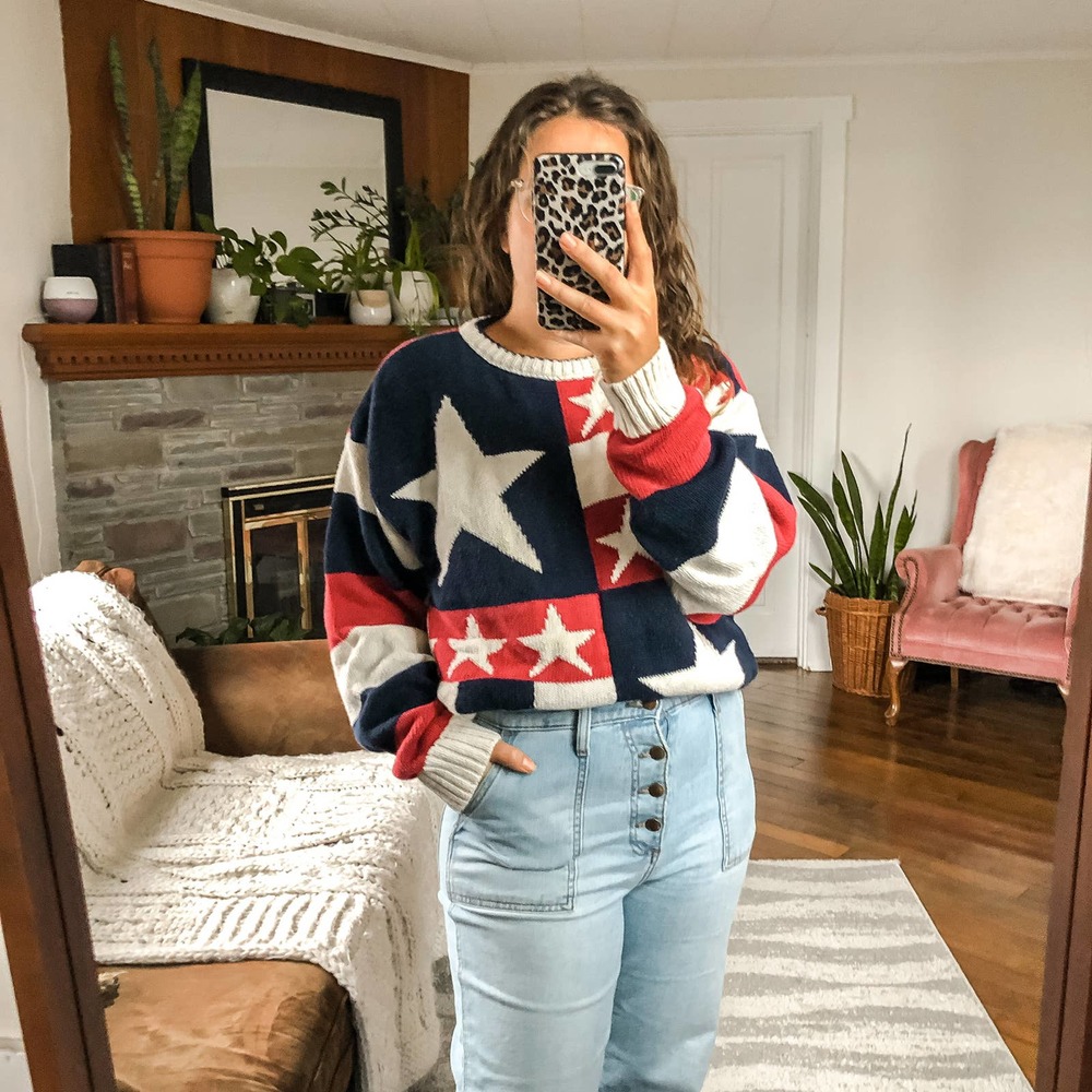 VINTAGE 90'S | Women's Medium Red White & Blue Star USA Sweater Chunky Knit